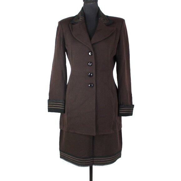 St. John Collection Brown Santana Knit Black Suede 2 Piece Skirt Jacket Set 6 - Picture 1 of 7